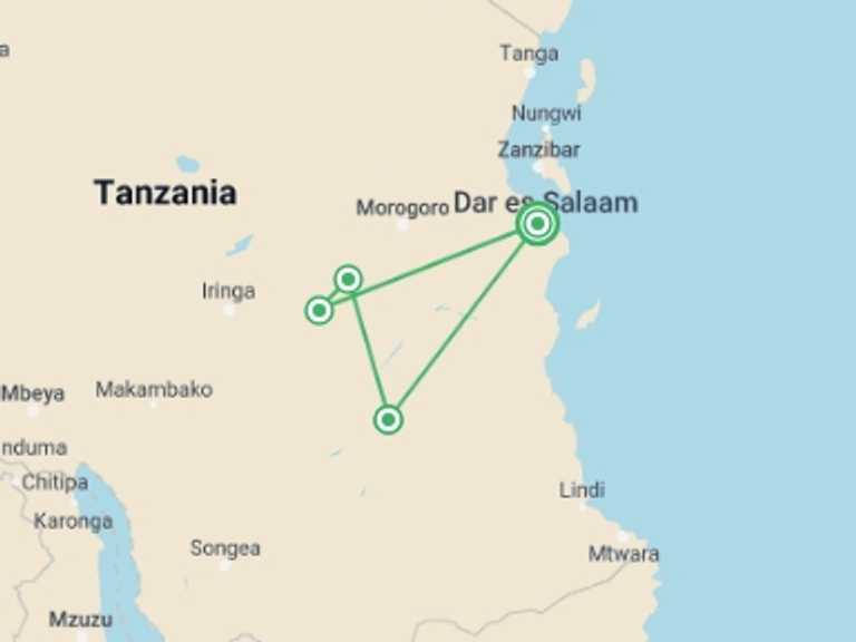 Map itinerary of Dar Es Salaam Tour in January 2027 with 4 destination visits for the trip: Tanzania Southern Circuit   Budget Safari