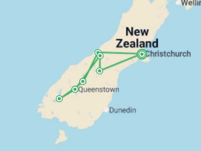 Map of Oceania Tour with 6 destination visits for the trip: South Island Discovery - 10 days