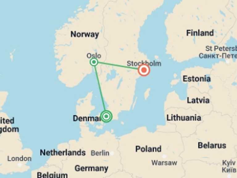 Map of 10-Day Northern Europe Tour with 3 destination visits for the trip: Discover Copenhagen, Oslo and Stockholm