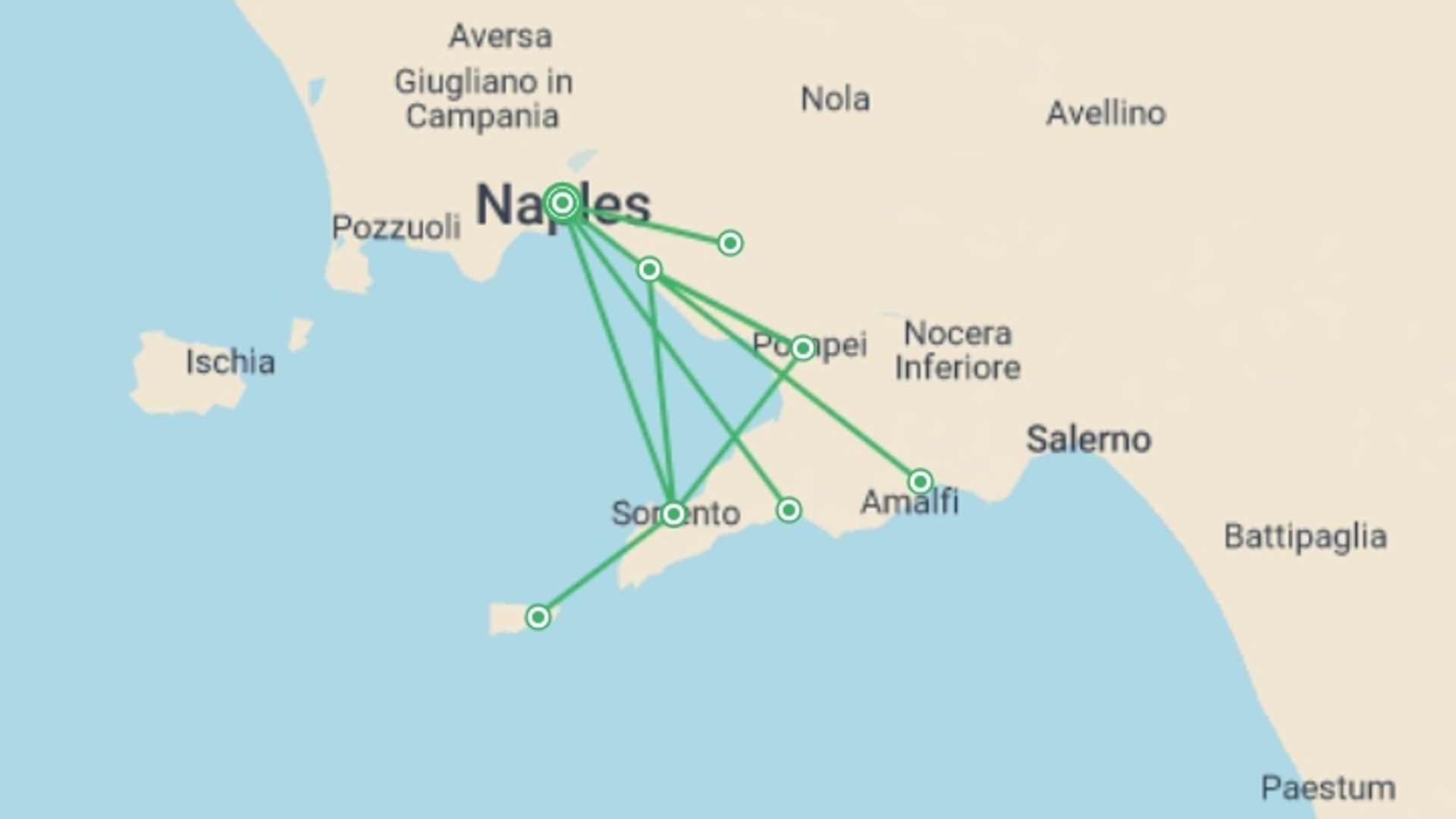 A map showing the tour itinerary for the trip: Amalfi Explorer, starting in Naples, Italy and ending in Naples, Italy going through 2 other destinations.