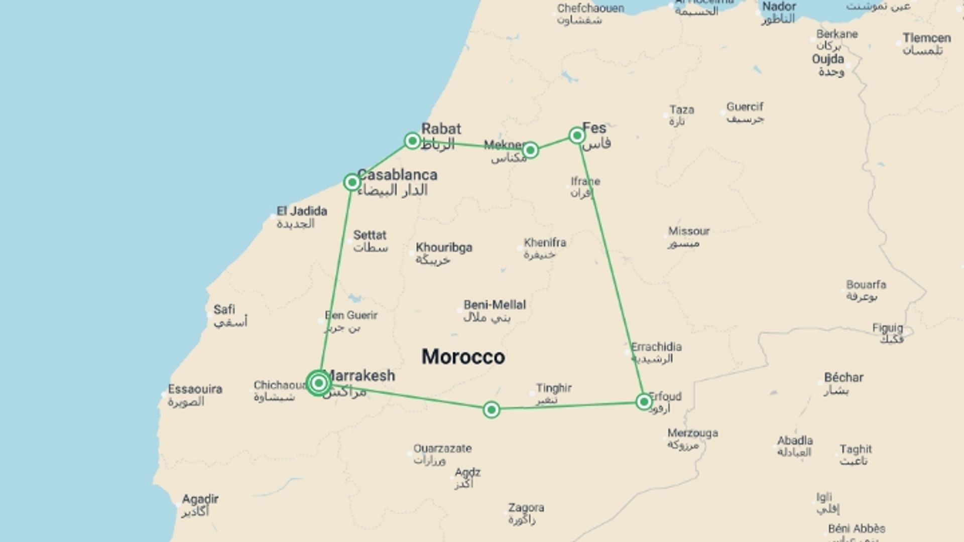 A map showing the tour itinerary for the trip: Surprising Morocco, starting in Marrakech, Morocco and ending in Marrakech, Morocco going through 5 other destinations.