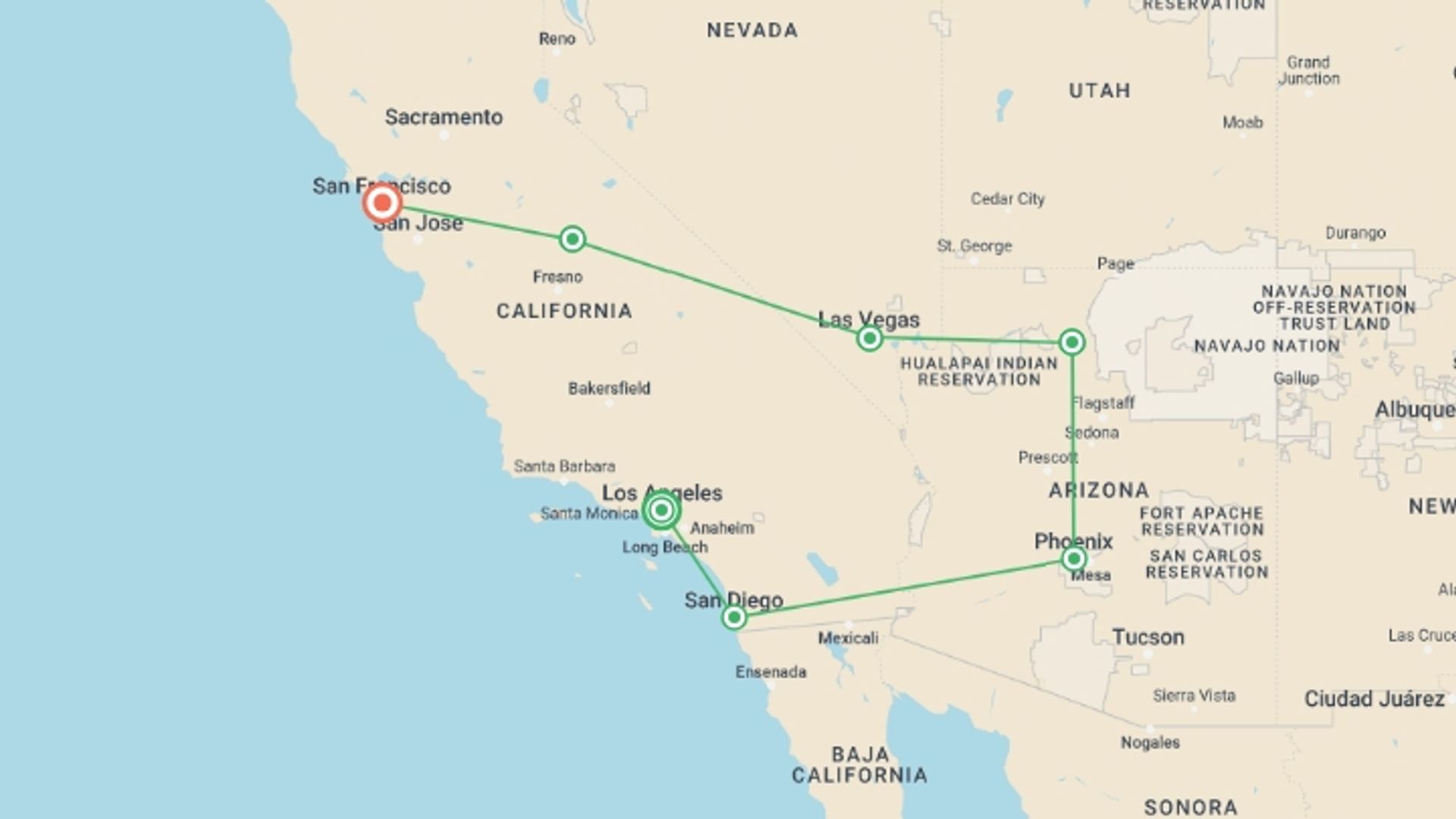A map showing the tour itinerary for the trip: LA to the Bay, starting in Los Angeles, USA and ending in San Francisco, USA going through 5 other destinations.