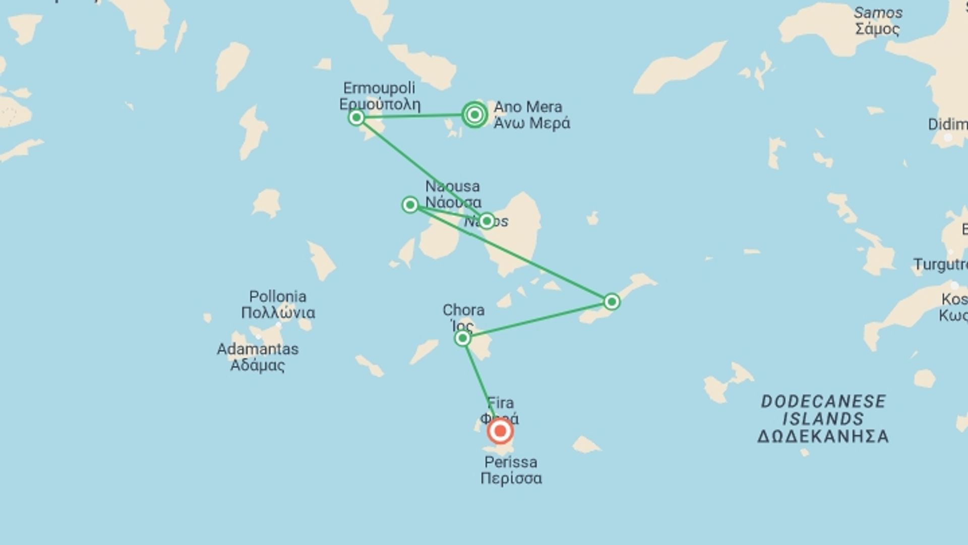 A map showing the tour itinerary for the trip: Sail Greece: Mykonos to Santorini, starting in Mykonos, Greece and ending in Santorini, Greece going through 5 other destinations.