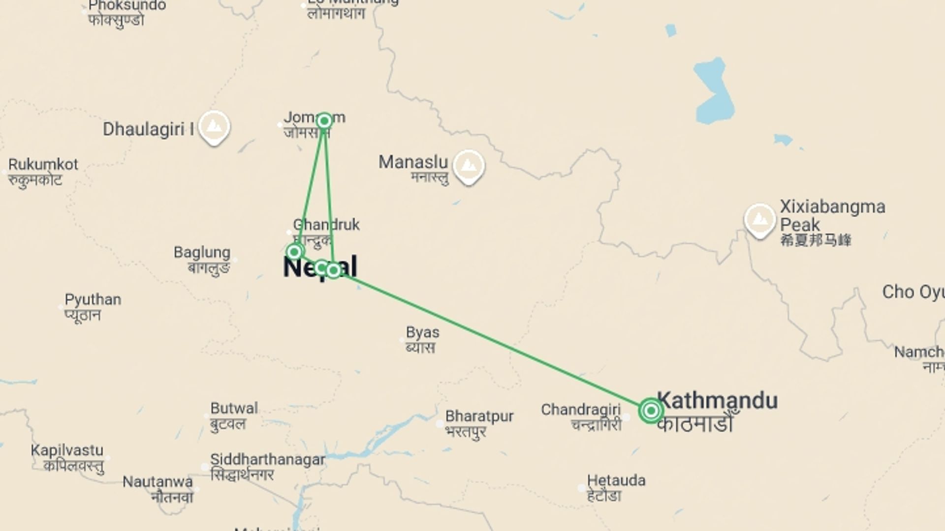 A map showing the tour itinerary for the trip: Nepal Trek Challenge, starting in Kathmandu, Nepal and ending in Kathmandu, Nepal going through 4 other destinations.