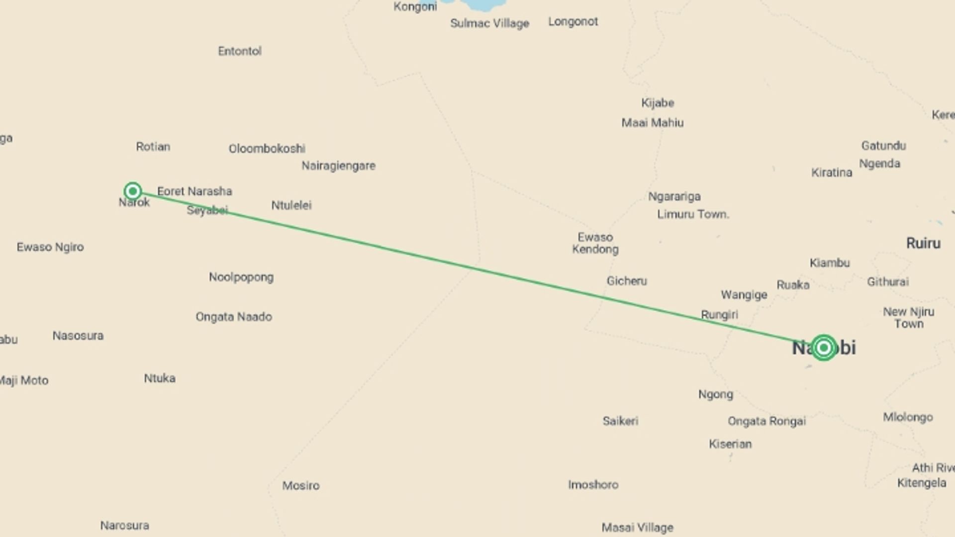 A map showing the tour itinerary for the trip: Masai Mara Voluntour 10D/9N, starting in Nairobi, Kenya and ending in Nairobi, Kenya going through 1 other destinations.