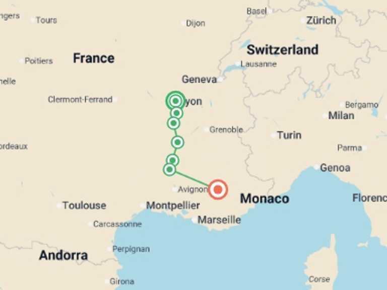 Map itinerary of France Tour in May 2026 with 7 destination visits for the trip: Via Rhôna Cycle Path: Lyon to Provence