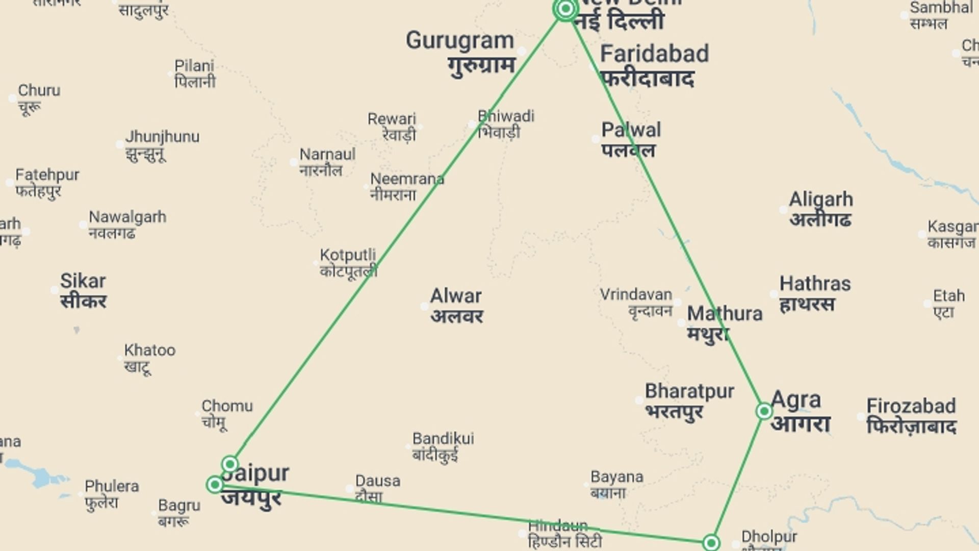 A map showing the tour itinerary for the trip: Upgraded - Highlights of Northern India, starting in New Delhi, India and ending in New Delhi, India going through 4 other destinations.
