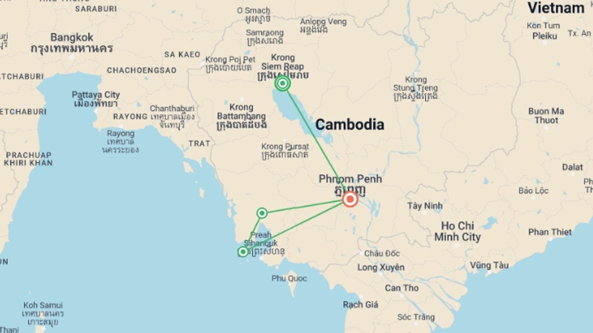 A map showing the tour itinerary for the trip: Solo-ish Cambodia, starting in Siem Reap, Cambodia and ending in Phnom Penh, Cambodia going through 2 other destinations.