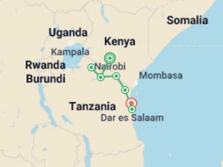 Map of Africa Wildlife safaris and game drives Tour with 8 destination visits for the trip: Road to Zanzibar