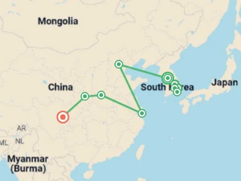 Map of Asia Tour with 8 destination visits for the trip: Korea and Authentic China with Chengdu