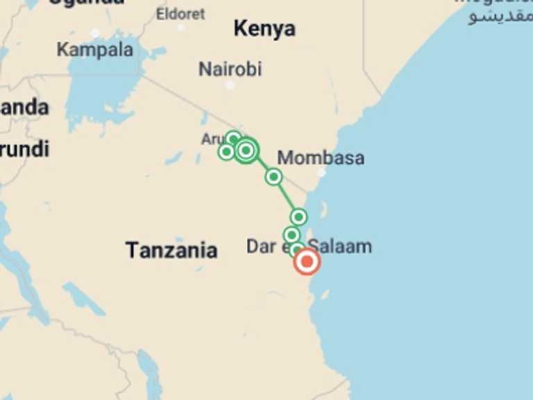 Map itinerary of Dar Es Salaam Tour in August 2026 with 10 destination visits for the trip: Cycling Kilimanjaro to the Indian Ocean