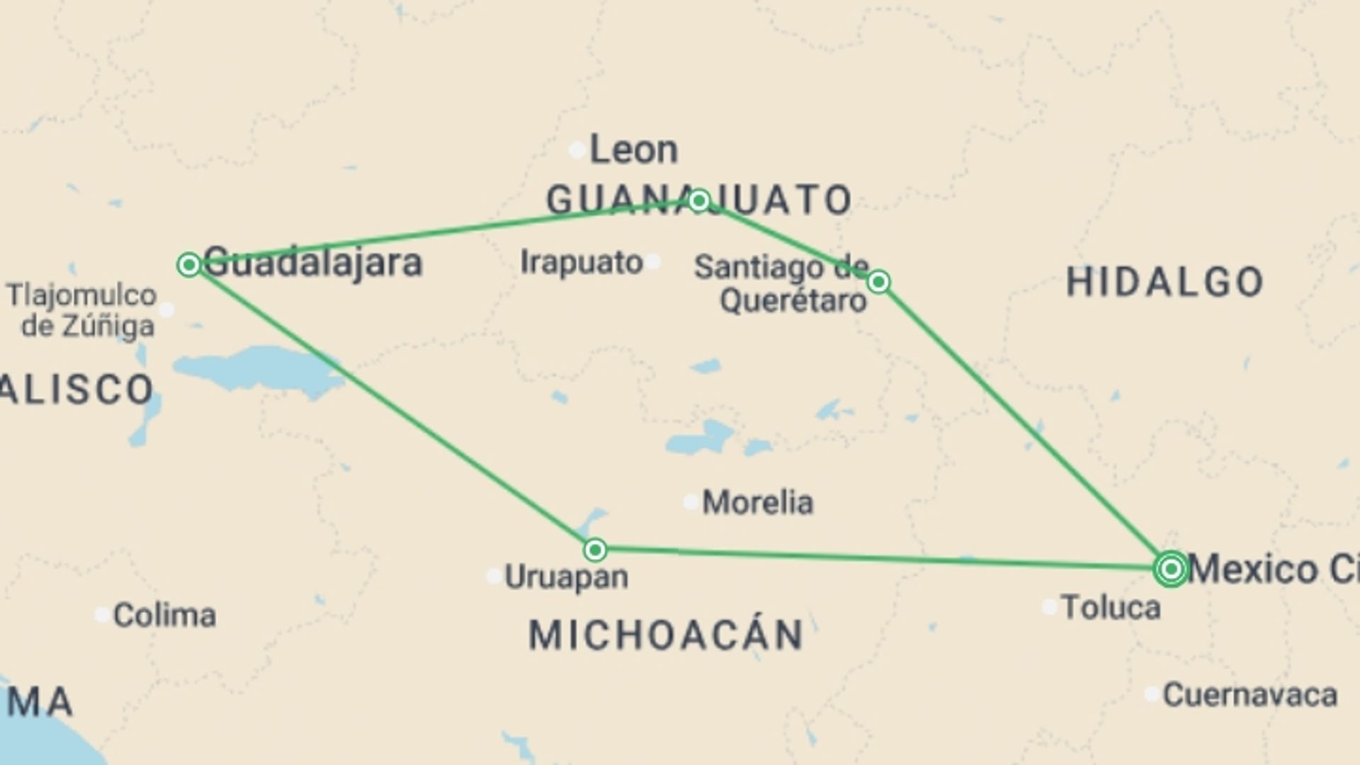 A map showing the tour itinerary for the trip: Captivating Cities and Culture of Mexico - 9 days, starting in Mexico City, Mexico and ending in Mexico City, Mexico going through 4 other destinations.