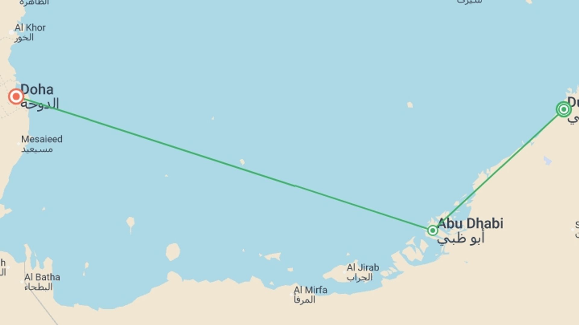 A map showing the tour itinerary for the trip: Dubai, Abu Dhabi & Doha Explorer - 10 days, starting in Dubai, UAE and ending in Doha, Qatar going through 1 other destinations.