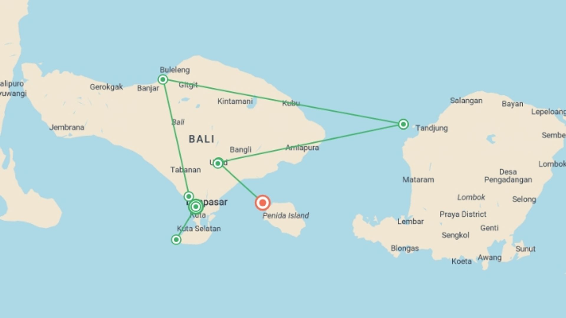 A map showing the tour itinerary for the trip: Bali Experience 12 day, starting in Seminyak , Indonesia and ending in Nusa Lembongan, Indonesia going through 6 other destinations.
