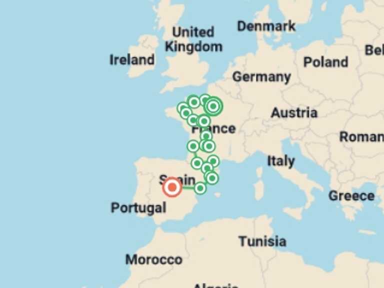 Map of Europe Tour with 11 destination visits for the trip: Lovely France and Spain