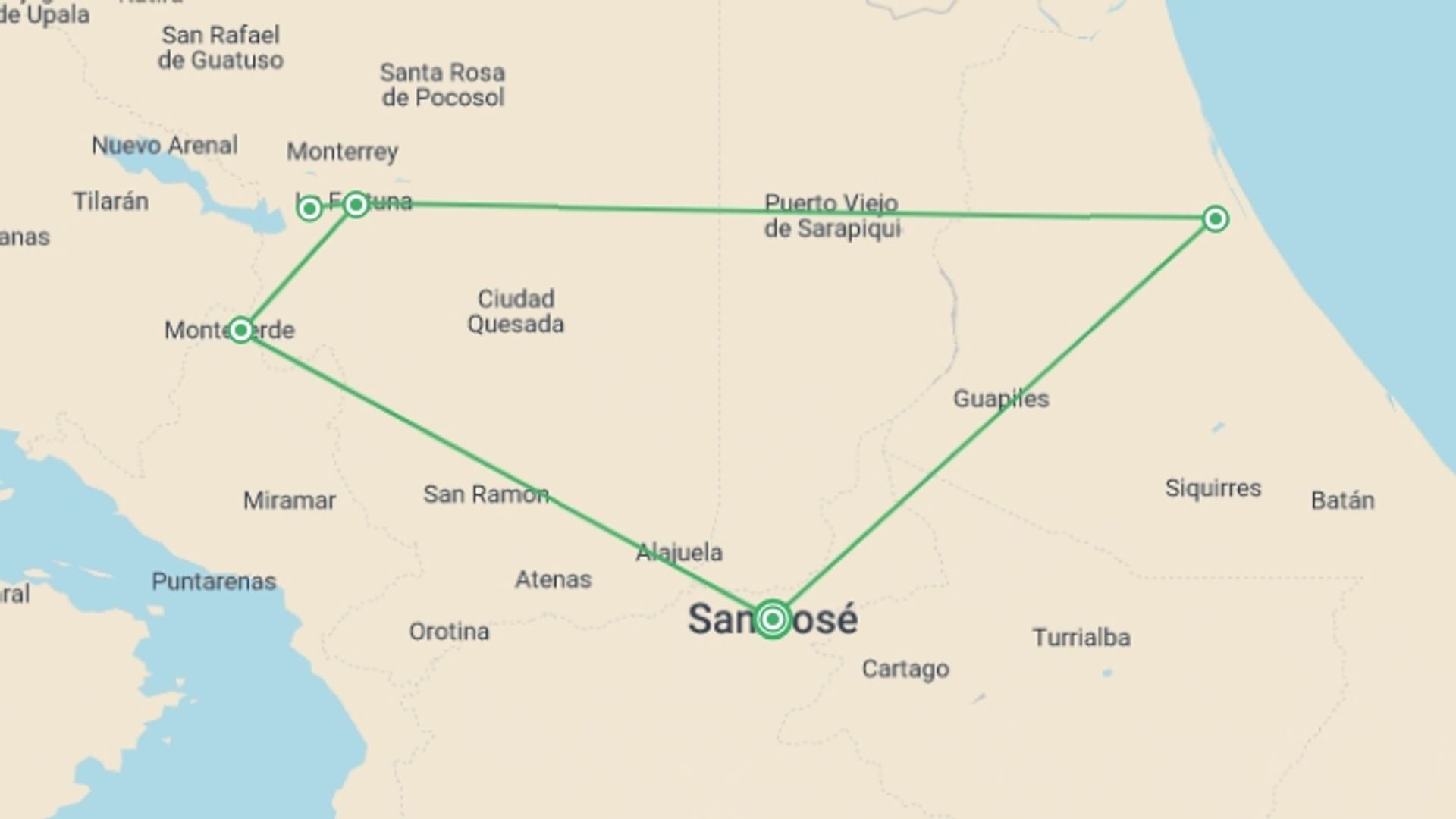 A map showing the tour itinerary for the trip: Mountains & Volcanos of Costa Rica, starting in San Jose, Costa Rica and ending in San Jose, Costa Rica going through 3 other destinations.