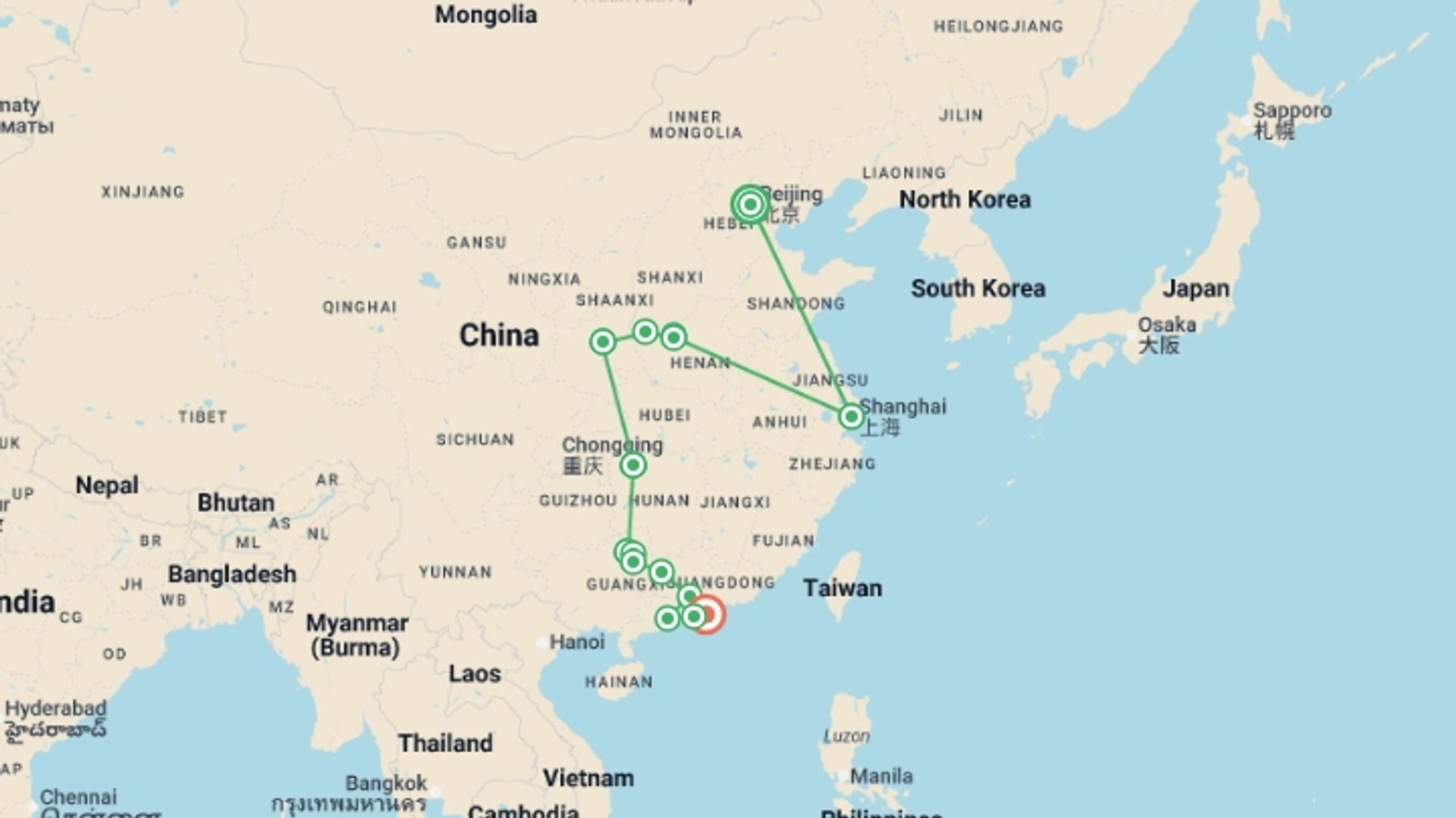 A map showing the tour itinerary for the trip: North and South China with the Avatar Trail, starting in Beijing, China and ending in Hong Kong, Hong Kong going through 7 other destinations.