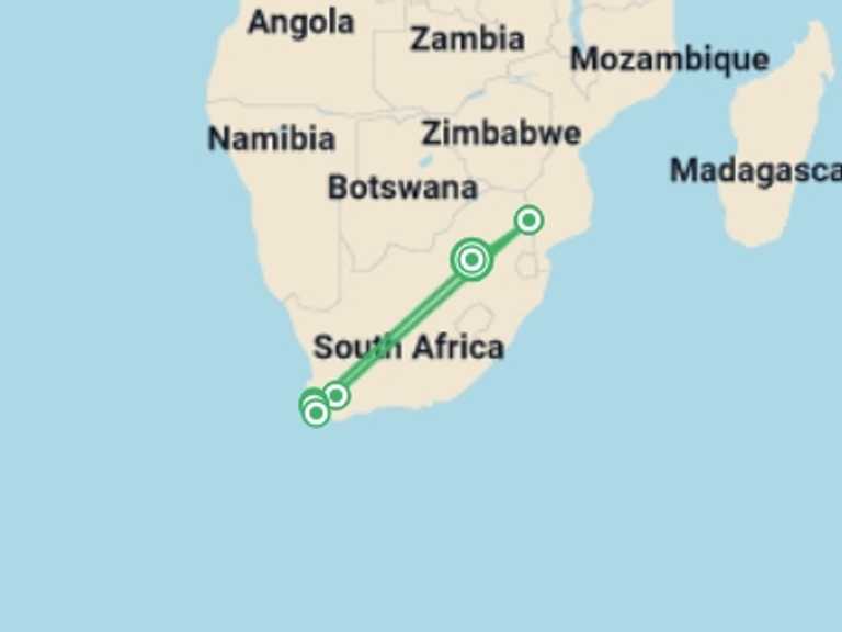 Map itinerary of Cape Town Tour in January 2027 with 4 destination visits for the trip: 9 Day Luxury Cape Town, Winelands & Kruger Tour 