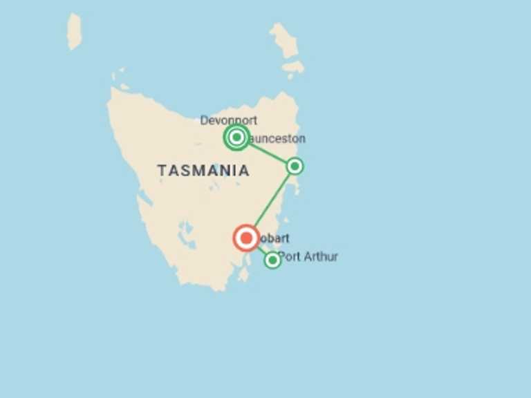 Map of Australia Tour with 4 destination visits for the trip: Tassie's East Coast Highlights