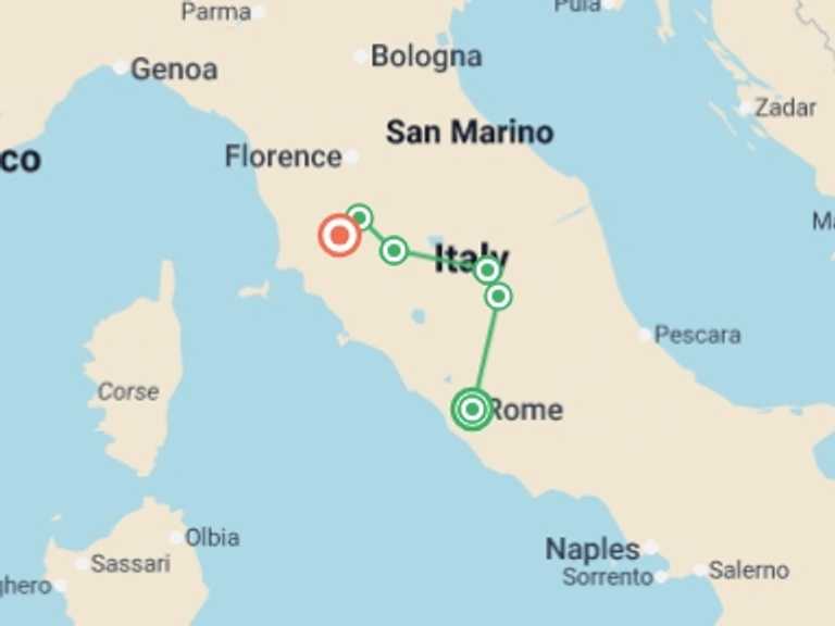 Map of Europe Tour with 4 destination visits for the trip: Tuscan & Umbrian Countryside featuring Italy's Charming Hill Towns