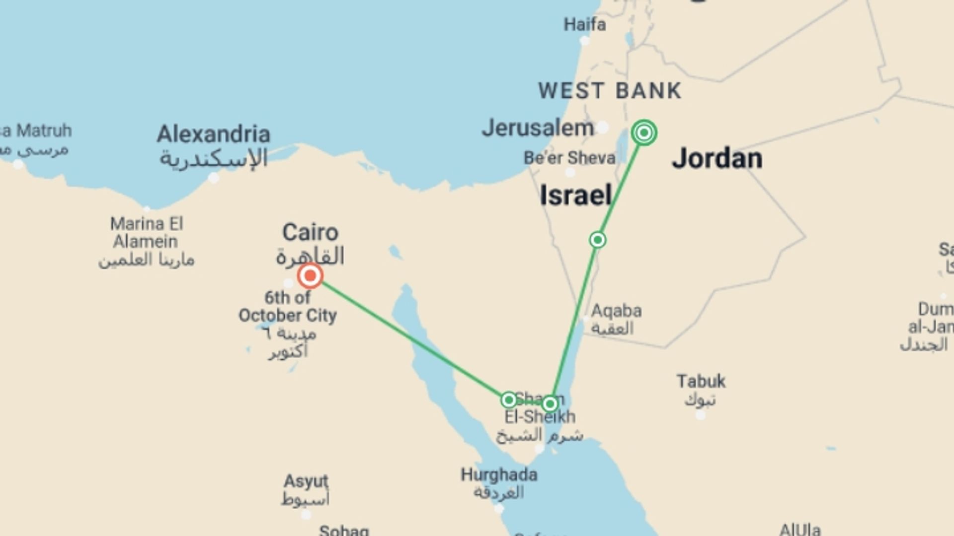 A map showing the tour itinerary for the trip: Jordan to Egypt: The Sinai Peninsula & The Shimmering Red Sea, starting in Madaba, Jordan and ending in Cairo, Egypt going through 3 other destinations.