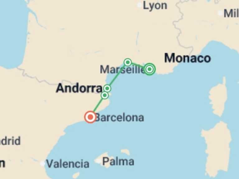 Map of Europe Tour with 8 destination visits for the trip: Cycle Marseille to Barcelona