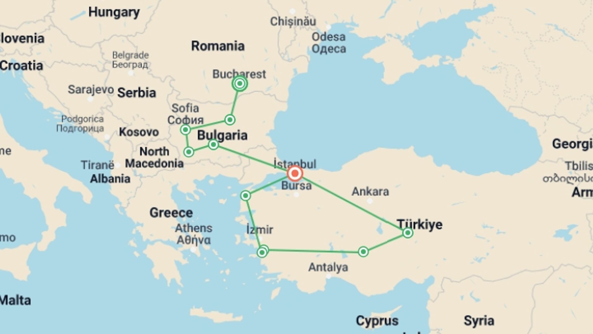 A map showing the tour itinerary for the trip: Romania, Bulgaria & Turkey Discovery, starting in Bucharest, Romania and ending in Istanbul, Turkey going through 8 other destinations.