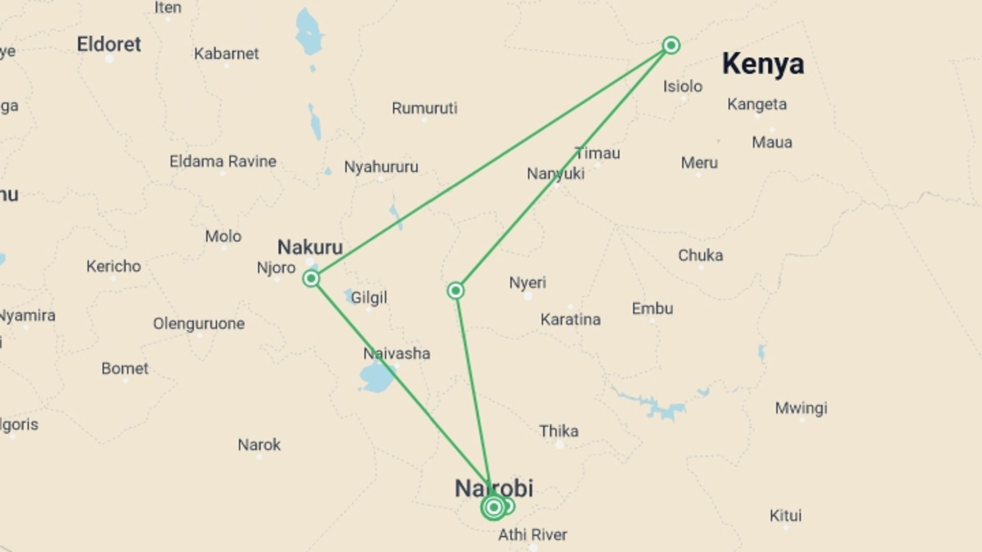 A map showing the tour itinerary for the trip: 7 Day Explorer Safari in Kenya, starting in Nairobi, Kenya and ending in Nairobi, Kenya going through 5 other destinations.