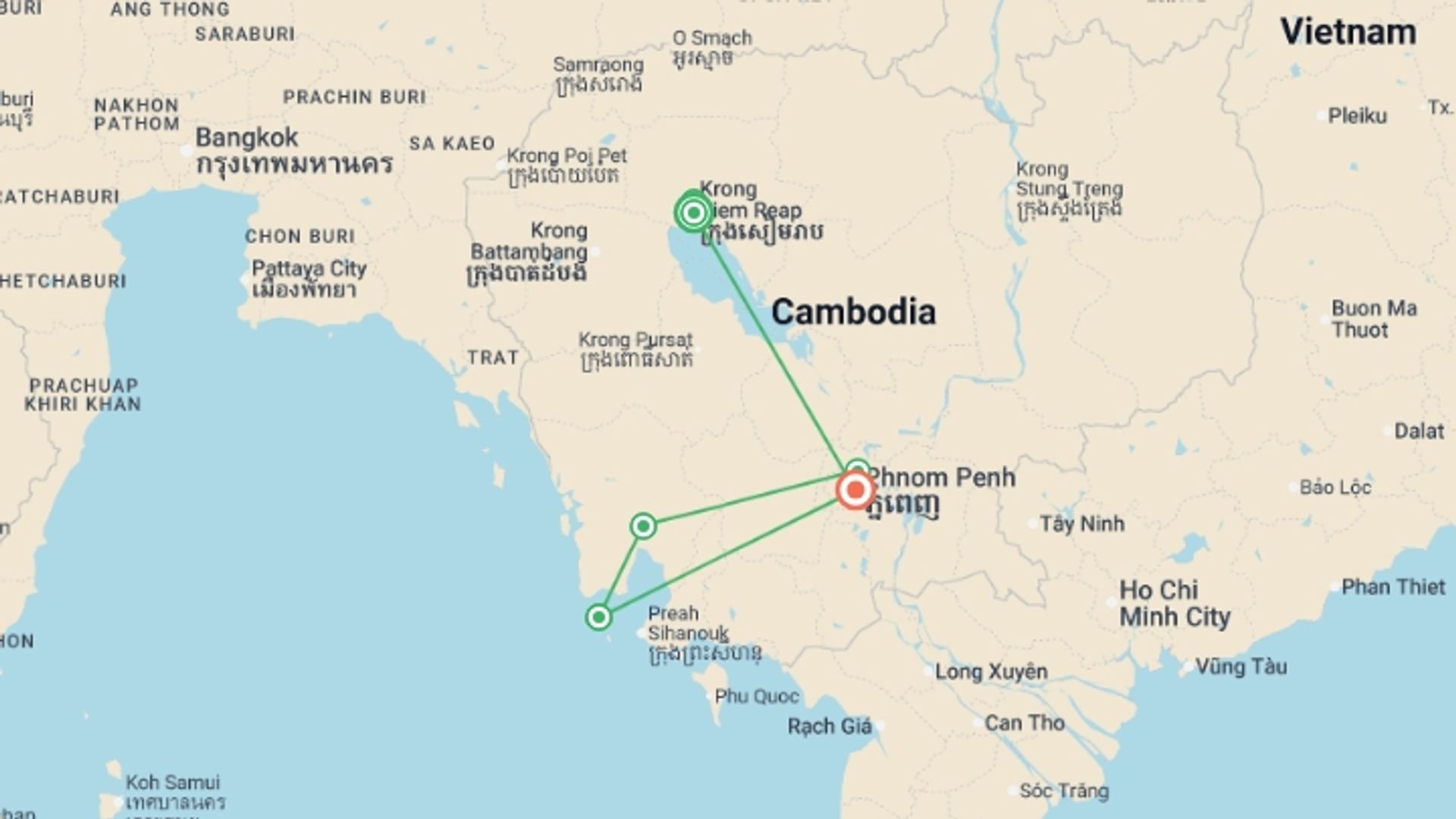 A map showing the tour itinerary for the trip: Heart of Cambodia, starting in Siem Reap, Cambodia and ending in Phnom Penh, Cambodia going through 3 other destinations.