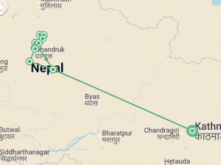 Map of 15-Day Nepal Tour with 11 destination visits for the trip: Annapurna Sanctuary Trek