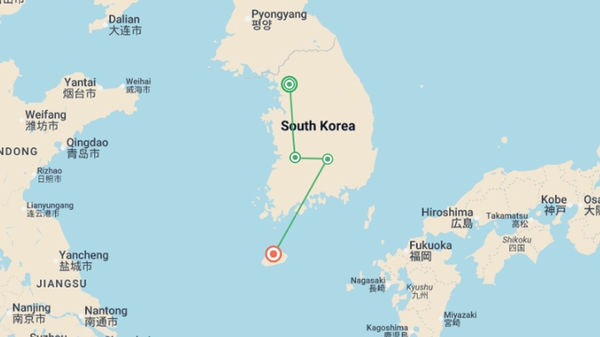 A map showing the tour itinerary for the trip: Premium South Korea, starting in Seoul, South Korea and ending in Jeju island, South Korea going through 2 other destinations.