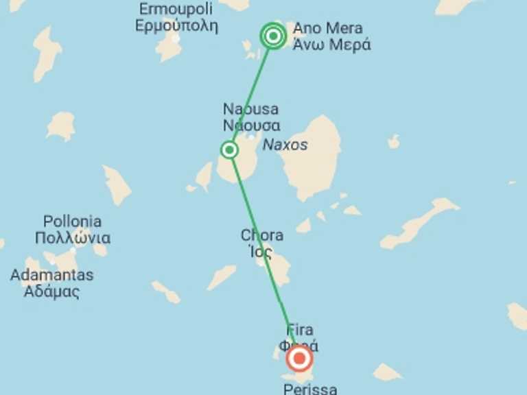Map itinerary of Santorini Tour in Spring with 3 destination visits for the trip: Island Hopping Greek Islands Delights: Mykonos, Paros, Santorini