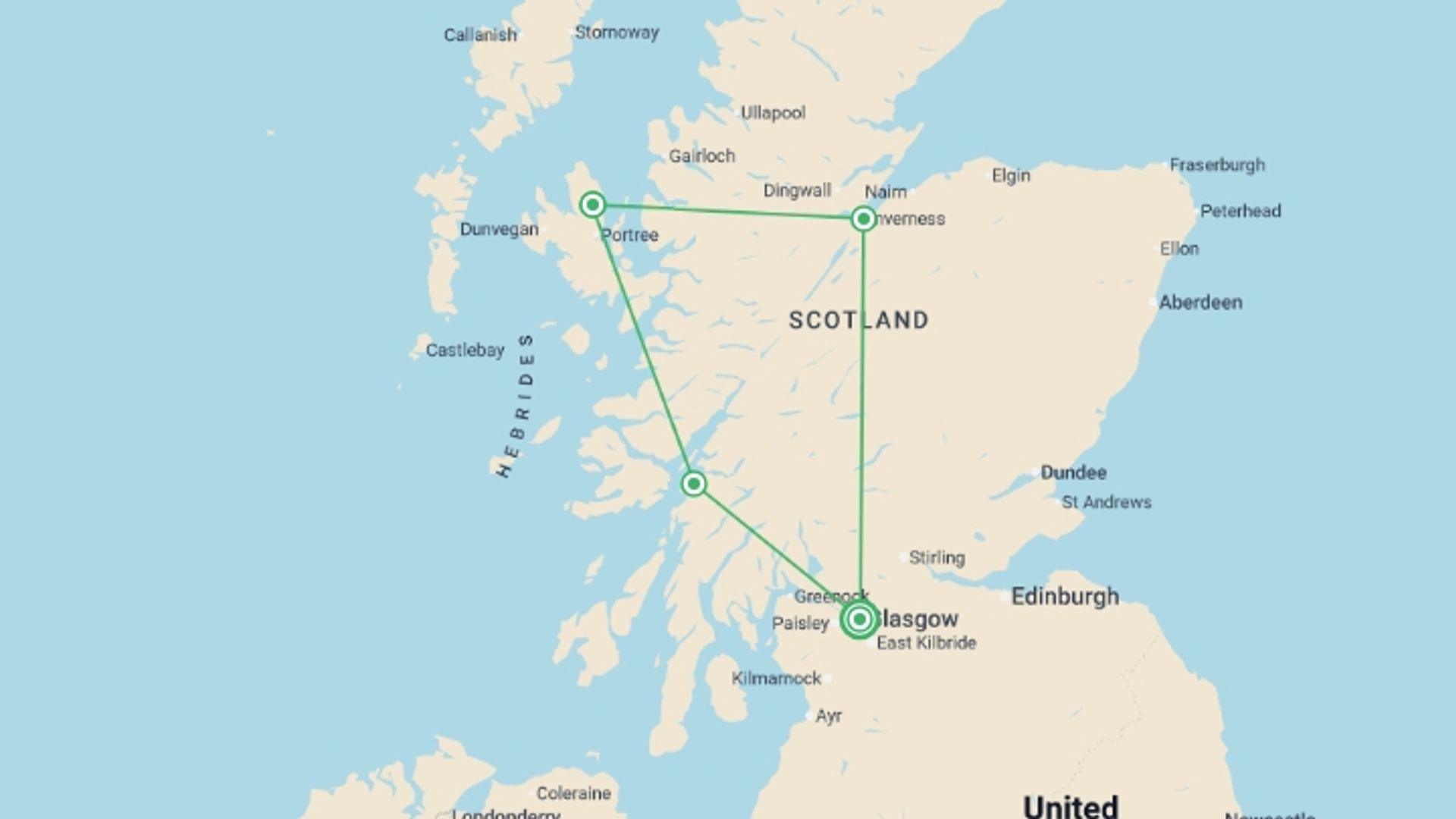A map showing the tour itinerary for the trip: Scottish Highlands From Glasgow - 5 days, starting in Glasgow, Scotland and ending in Glasgow, Scotland going through 3 other destinations.