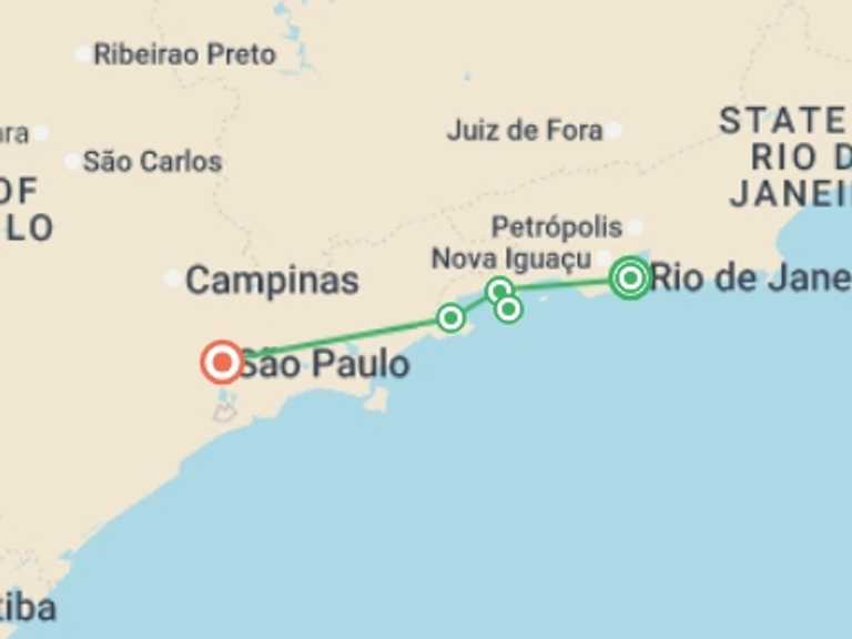 Map itinerary of Sao Paulo Tour in December 2025 with 4 destination visits for the trip: Rio, Green Coast & Sao Paulo (Superior) - 9 days
