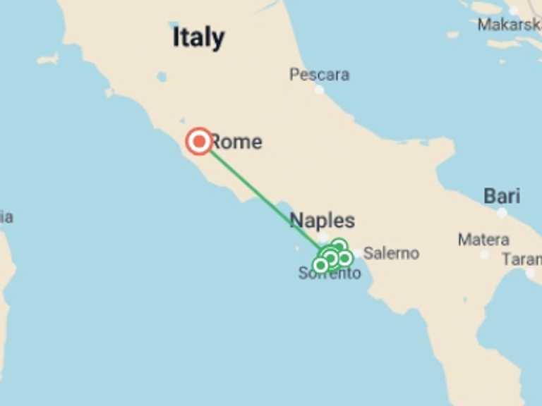 Map of 8-Day Rome Tour with 2 destination visits for the trip: Flavors Of Sorrento And Rome