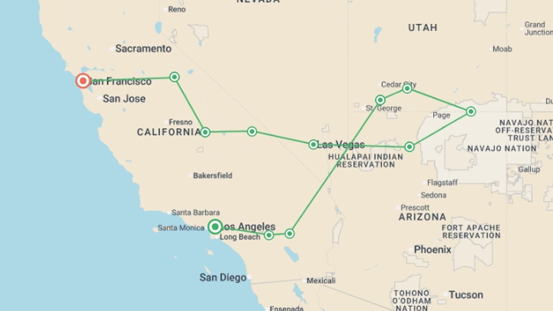 A map showing the tour itinerary for the trip: USA National Parks Explorer, starting in Los Angeles, USA and ending in San Francisco, USA going through 10 other destinations.