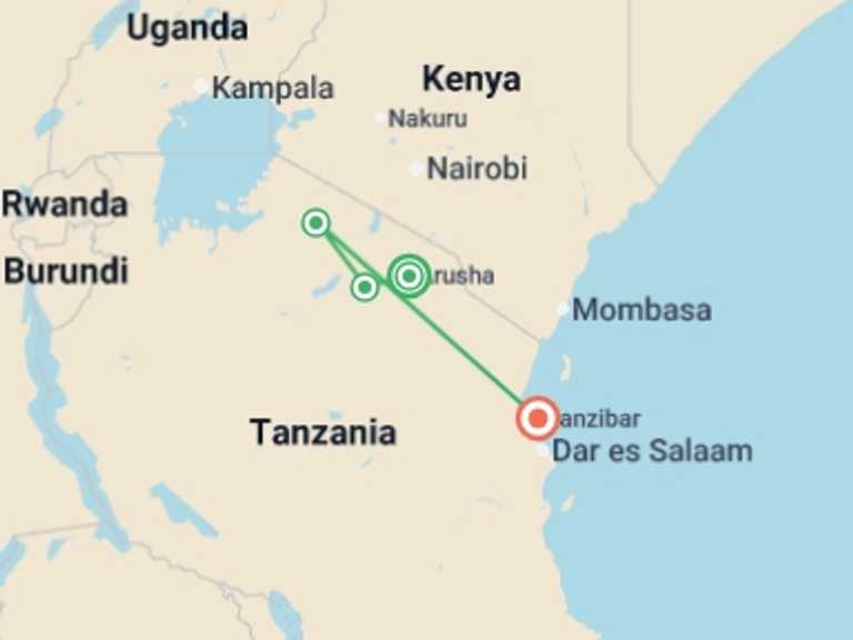 Map of Africa Tour with 4 destination visits for the trip: Tanzania Safari & Beach - 14 days