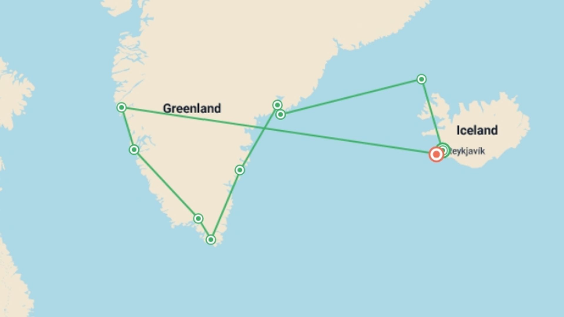 A map showing the tour itinerary for the trip: Greenland Encompassed - 12 days, starting in Reykjavik, Iceland and ending in Keflavik, Iceland going through 9 other destinations.
