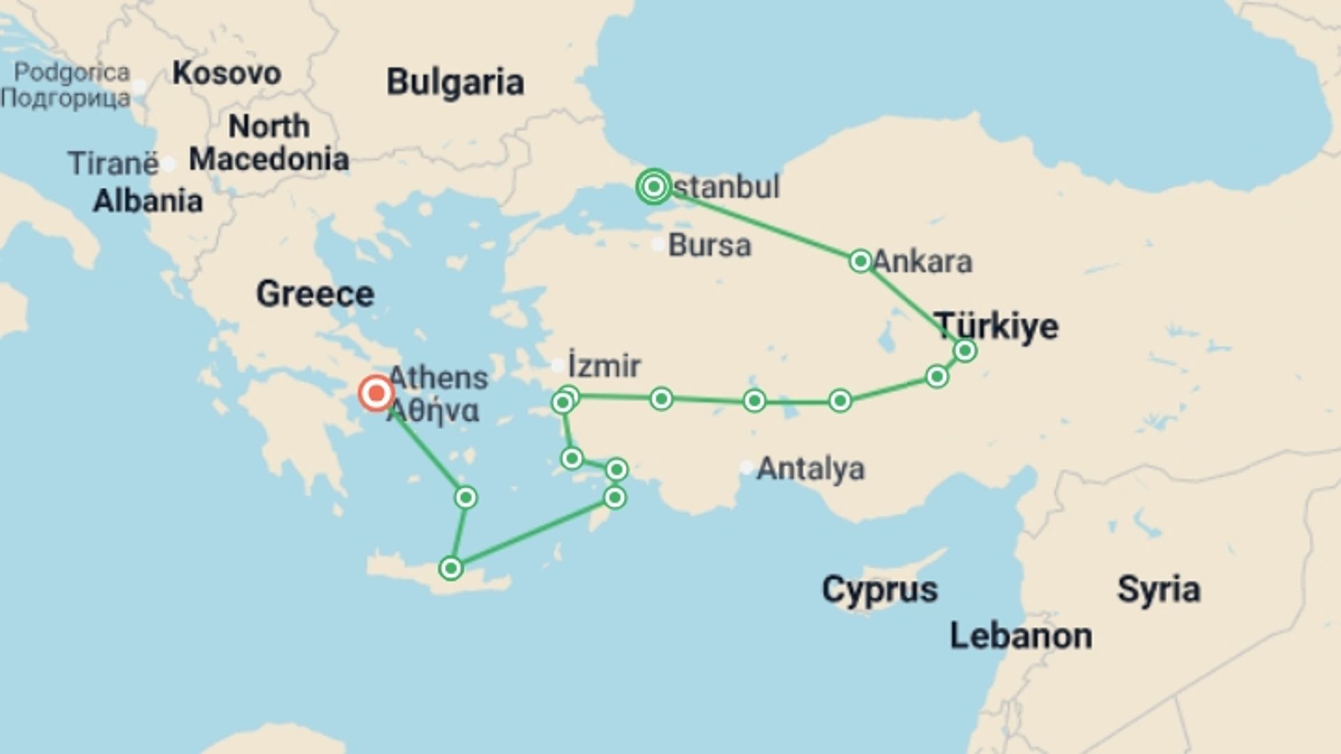 A map showing the tour itinerary for the trip: Great Turkey, Rhodes and Crete End Athens, starting in Istanbul, Turkey and ending in Athens, Greece going through 8 other destinations.