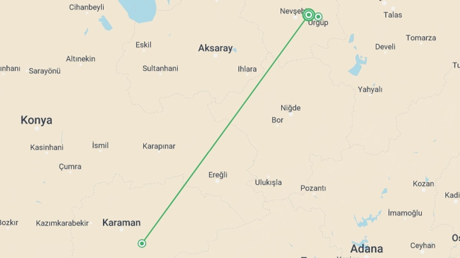 A map showing the tour itinerary for the trip: Cappadocia Short Break, starting in Cappadocia, Turkey and ending in Cappadocia, Turkey going through 0 other destinations.