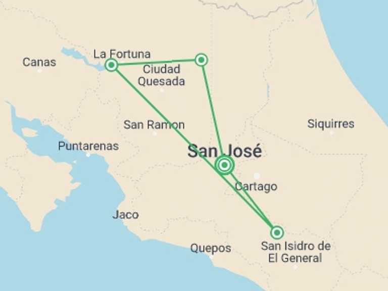Map of San Jose Wildlife safaris and game drives Tour with 4 destination visits for the trip: Costa Rica Birdwatching (on Request)