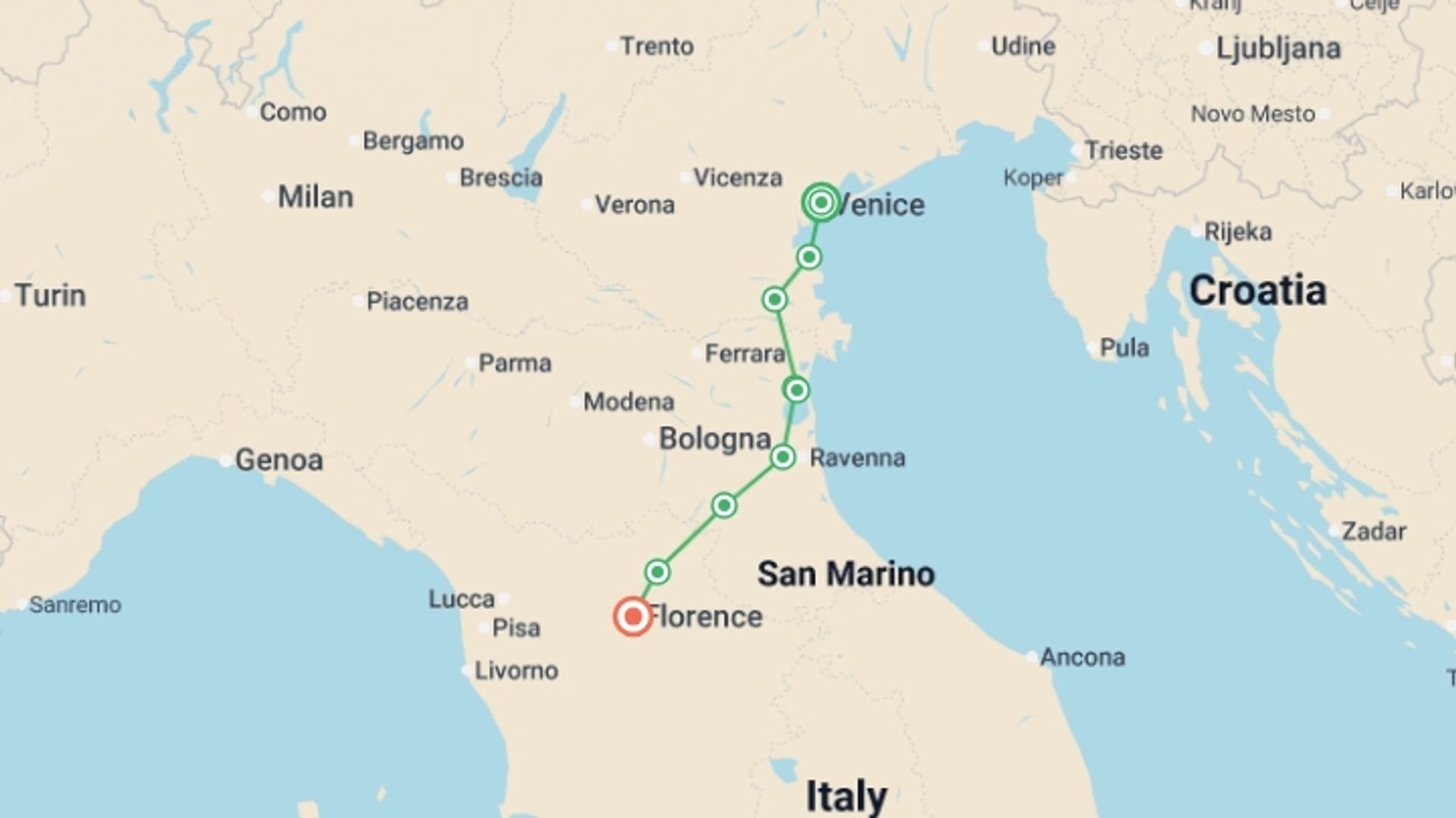A map showing the tour itinerary for the trip: Venice to Florence Cycle, starting in Venice, Italy and ending in Florence, Italy going through 6 other destinations.