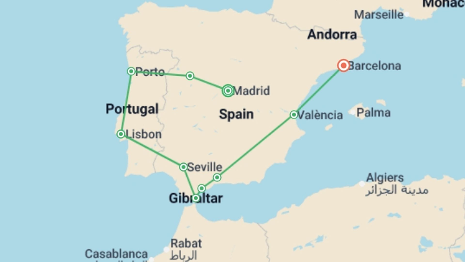 A map showing the tour itinerary for the trip: Best of Spain and Portugal, starting in Madrid, Spain and ending in Barcelona, Spain going through 8 other destinations.
