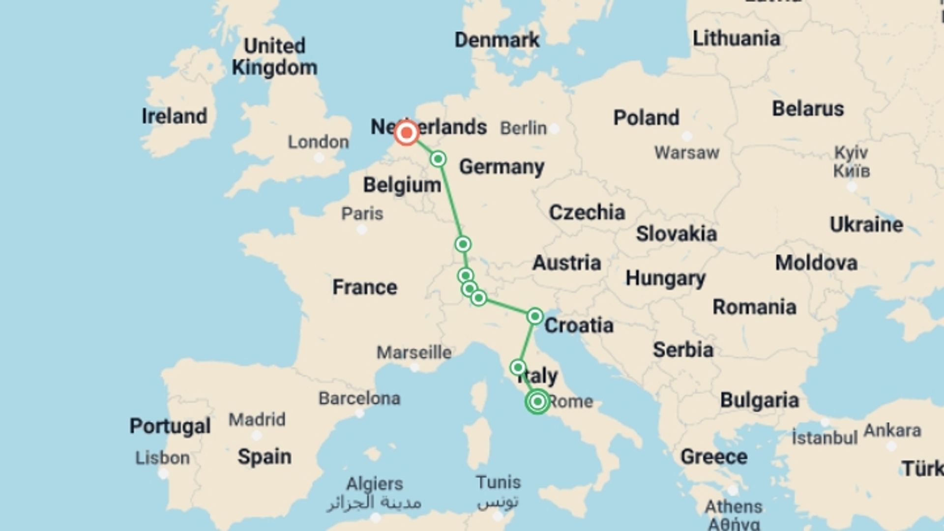 A map showing the tour itinerary for the trip: Rome to Amsterdam, starting in Rome, Italy and ending in Amsterdam, Holland going through 3 other destinations.