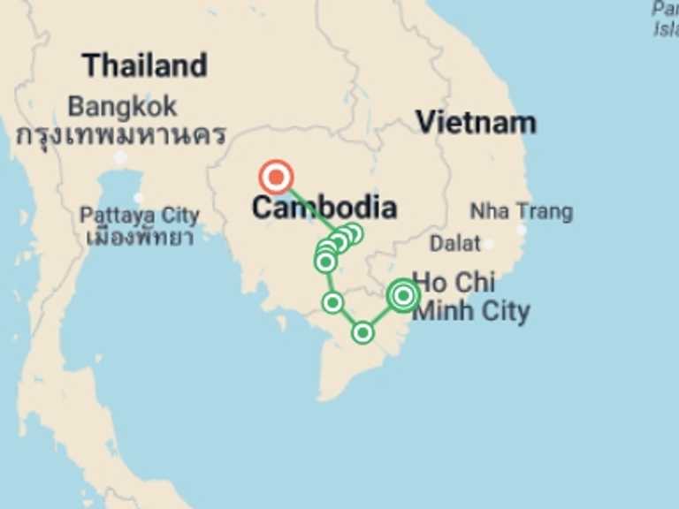 Map of 11-Day Ho Chi Minh City Tour with 7 destination visits for the trip: Mystical Mekong - Saigon to Angkor