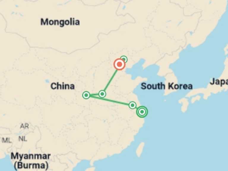 Map of China Tour with 6 destination visits for the trip: Solo-ish China