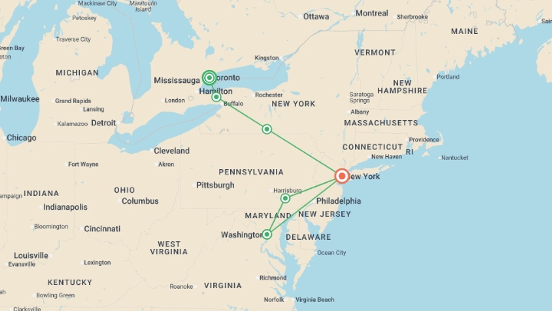 A map showing the tour itinerary for the trip: Toronto, Niagara with East Coast, starting in Toronto, Canada and ending in New York, USA going through 2 other destinations.