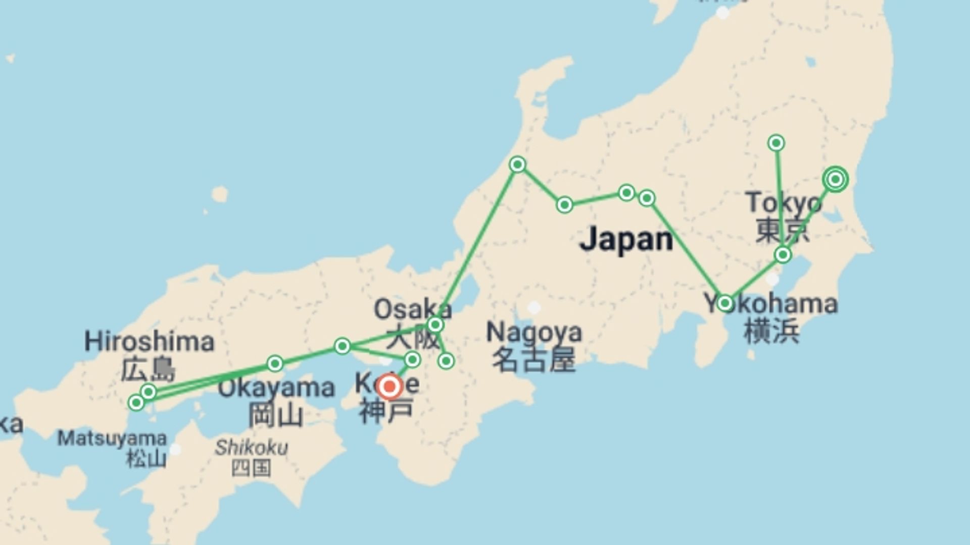 A map showing the tour itinerary for the trip: Japan In-depth Discovery Tour, starting in Mito, Japan and ending in Kansai, Japan going through 8 other destinations.