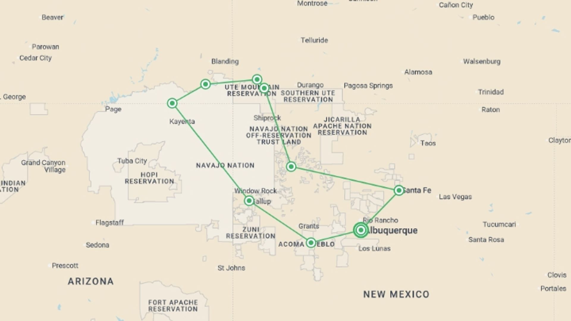 A map showing the tour itinerary for the trip: Four Corners Trail of the Ancients - 9 days, starting in Albuquerque, USA and ending in Albuquerque, USA going through 5 other destinations.