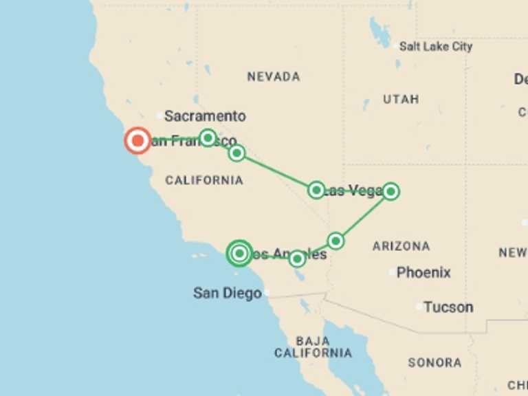 Map itinerary of USA Tour in October 2025 with 7 destination visits for the trip: Wild Western USA